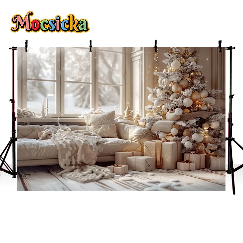 Mocsicka Winter Photography Background Christmas New Year Party Xmas Tree Sofa Window View Backdrop Family Portrait Photo Banner