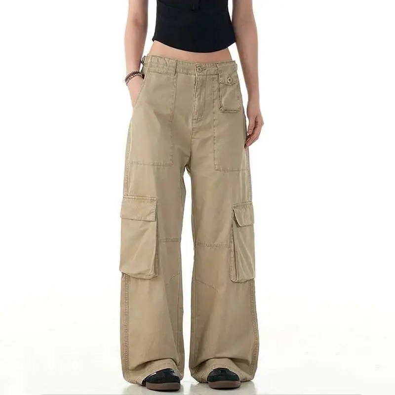카고 바지 남성용 멀티 포켓 솔리드 컬러 벨트 디자인 아메리칸 스타일 와이드 레그 클린핏 남성 스트레이트 남성 바지 C5FY