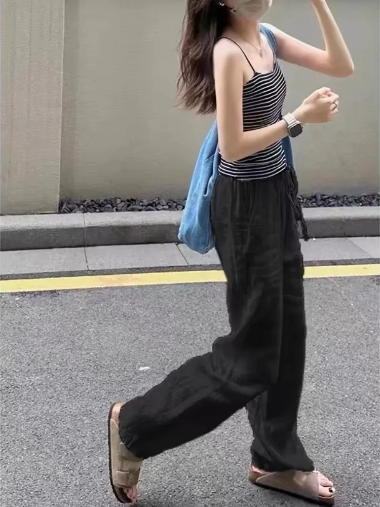 Pantaloni a gamba dritta in cotone e lino dalla vestibilità ampia Pantaloni casual estivi da donna di grandi dimensioni fino al pavimento con cintura in vita