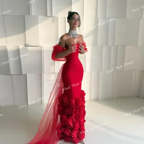Customized Red Luxury Boat Collar Floor Length Evening Dress with Handmade Flowers Sexy Sheath Backless Party Dress with Cape