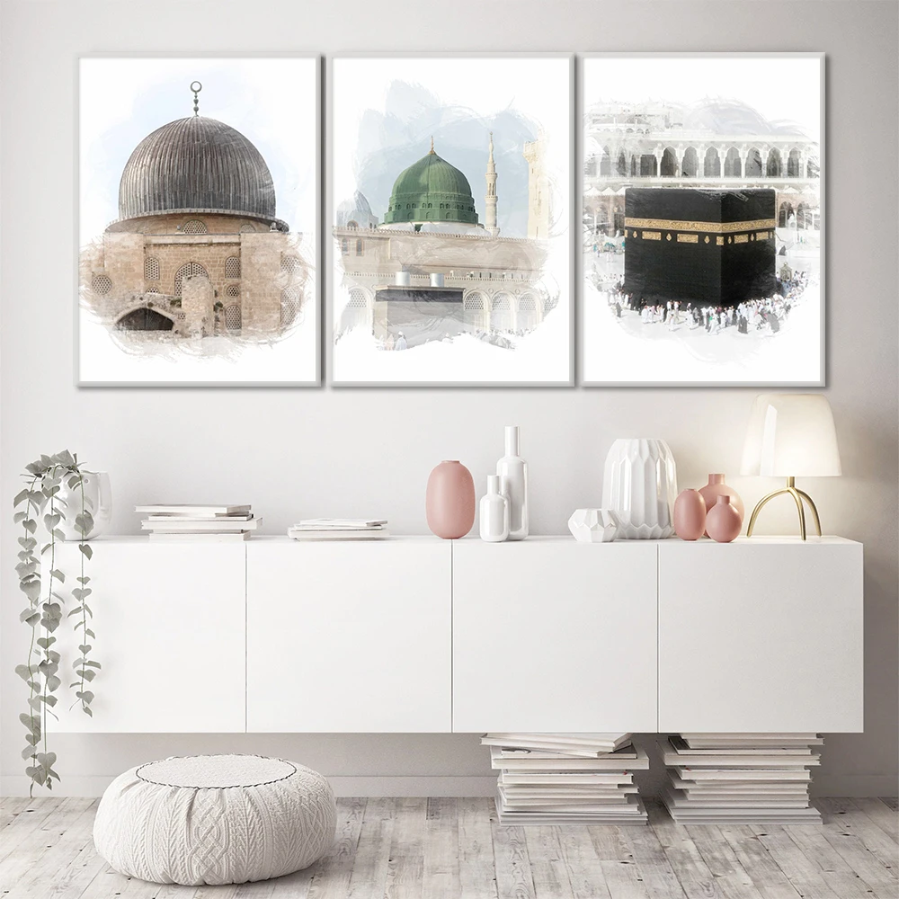 Medina Mecca Aqsa Mosque Watercolor Painting Abstract Wall Art Canvas Poster Print Pictures for Living Room Home Decor Cuadros