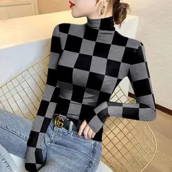 Women's Thin Half High Neck Bottom Autumn and Winter New Fashion Commute Printed Plaid Long Sleeve Pullover T-shirt Slim Tops