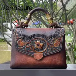 Johnature 2024 New Autumn Vintage Embossed Handbag Versatile Leather Women Bag Large Capacity Handmade Shoulder & Crossbody Bags