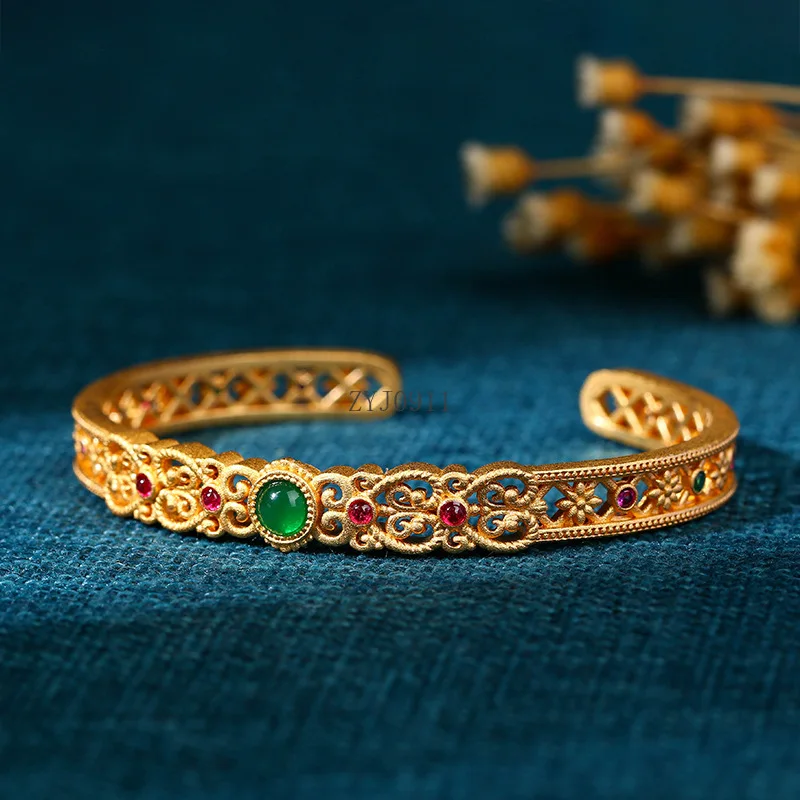 * Brazalete abierto dorado estilo palaciego chino étnico para mujer, pulseras de diseño hueco Vintage