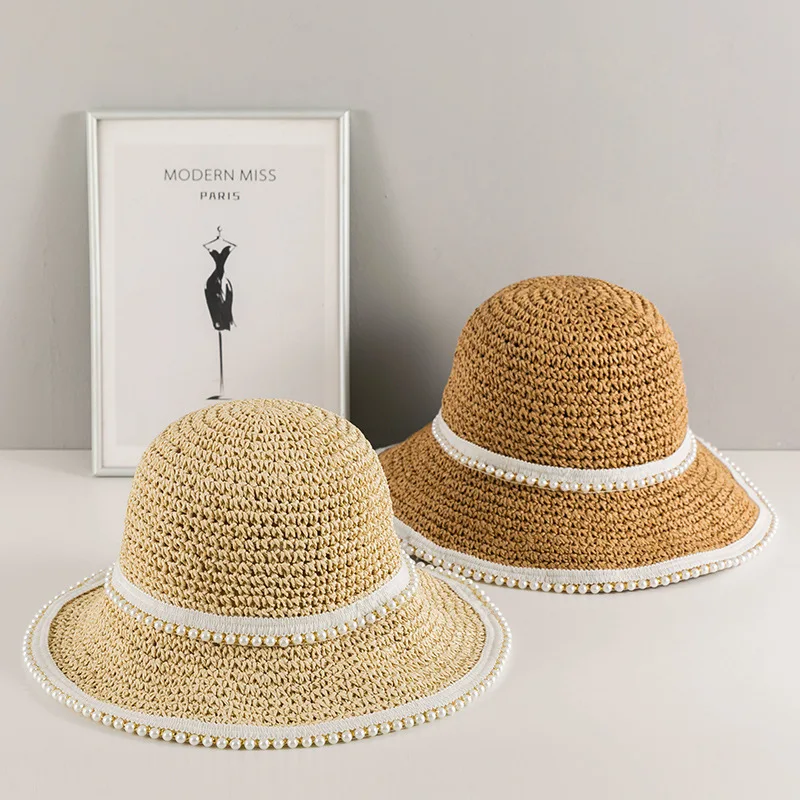 

Female cool woven pearl grass summer thin sunshade sunscreen seaside beach big head circumference fisherman sun hat