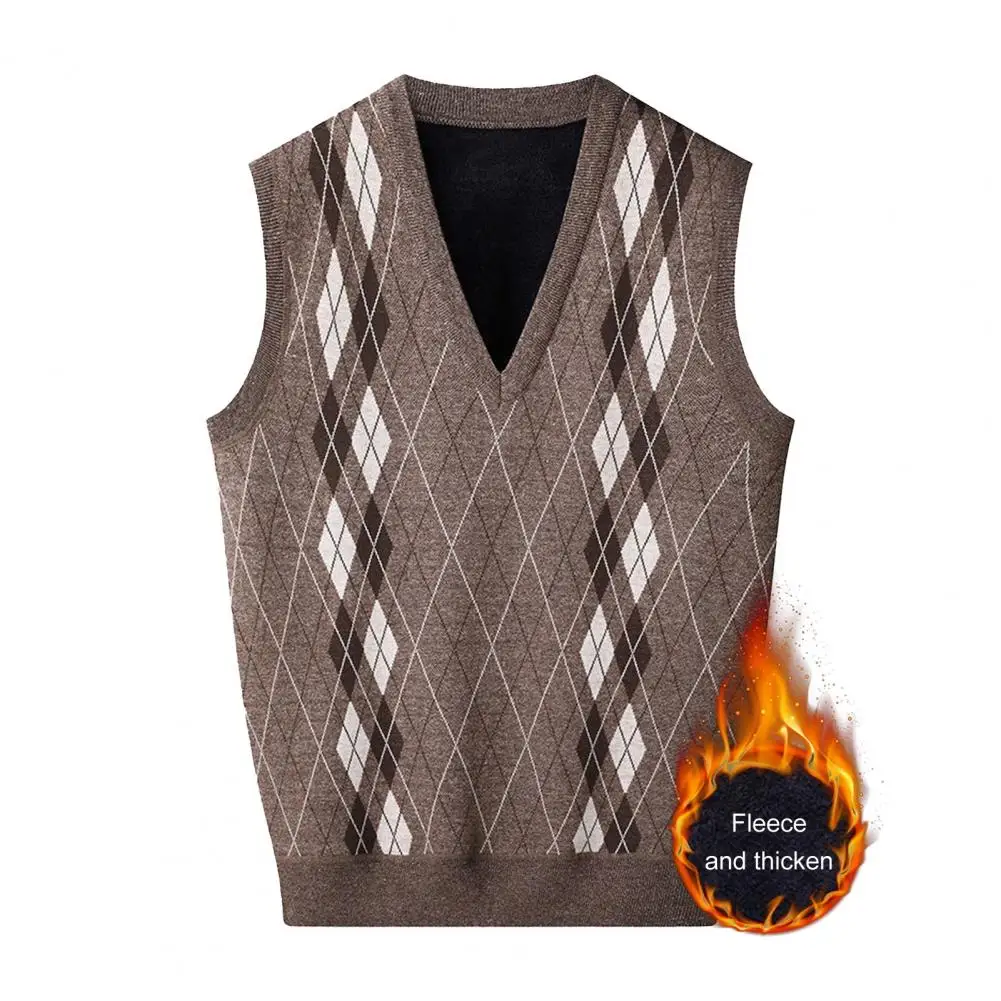 Men Sleeveless Pullover Sweater Men's V-neck Sleeveless Knitting Vest with Plush Lining Rhombus Line Patterns Winter for Warmth