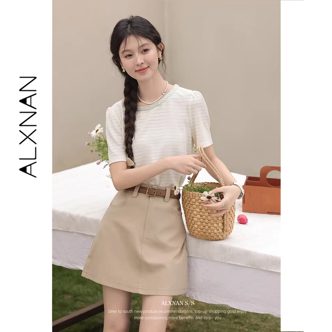 

ALXNAN Women's T-shirt 2026 Knitted Fabric Puff Sleeve T-shirt Summer Casual Elegant Loose Versatile Short Sleeve Tees L53306