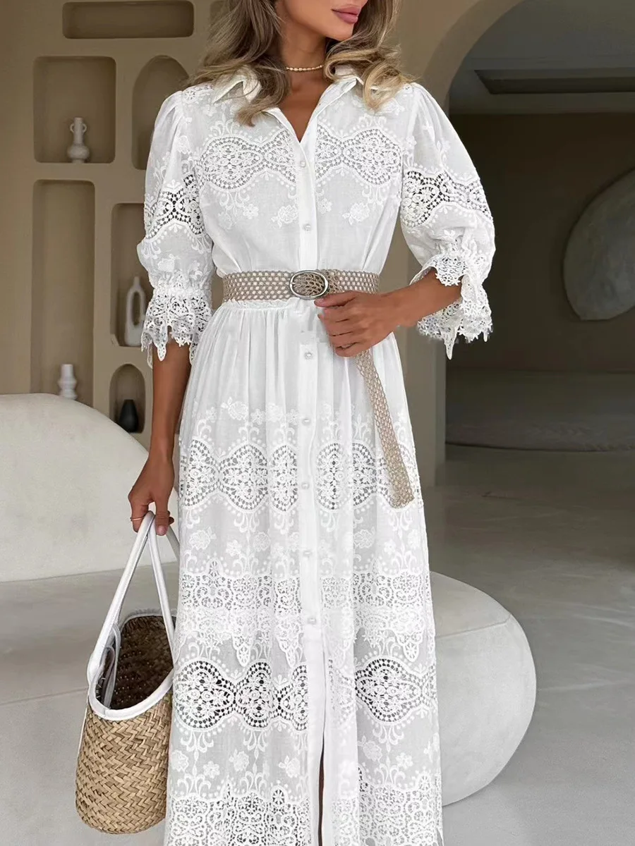 2024 Elegant Socialite Style Lapel Puff Sleeve lace Embroidered Patchwork White Maxi long party cocktail Dress with belt