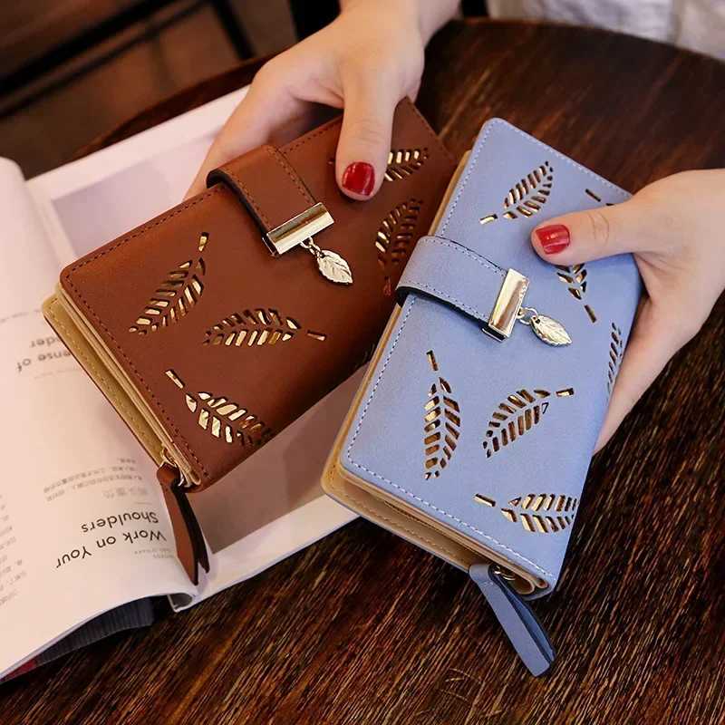 Women Wallet PU Leather Purse Female Long Wallet Gold Hollow Leaves Pouch Handbag For Women Coin Purse Card Holders Clutch