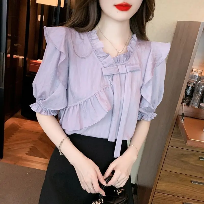 Fashionable Lotus Leaf Collar Bubble Sleeve Chiffon Shirt Women's Summer New Design French  Temperament Small Shirt Top