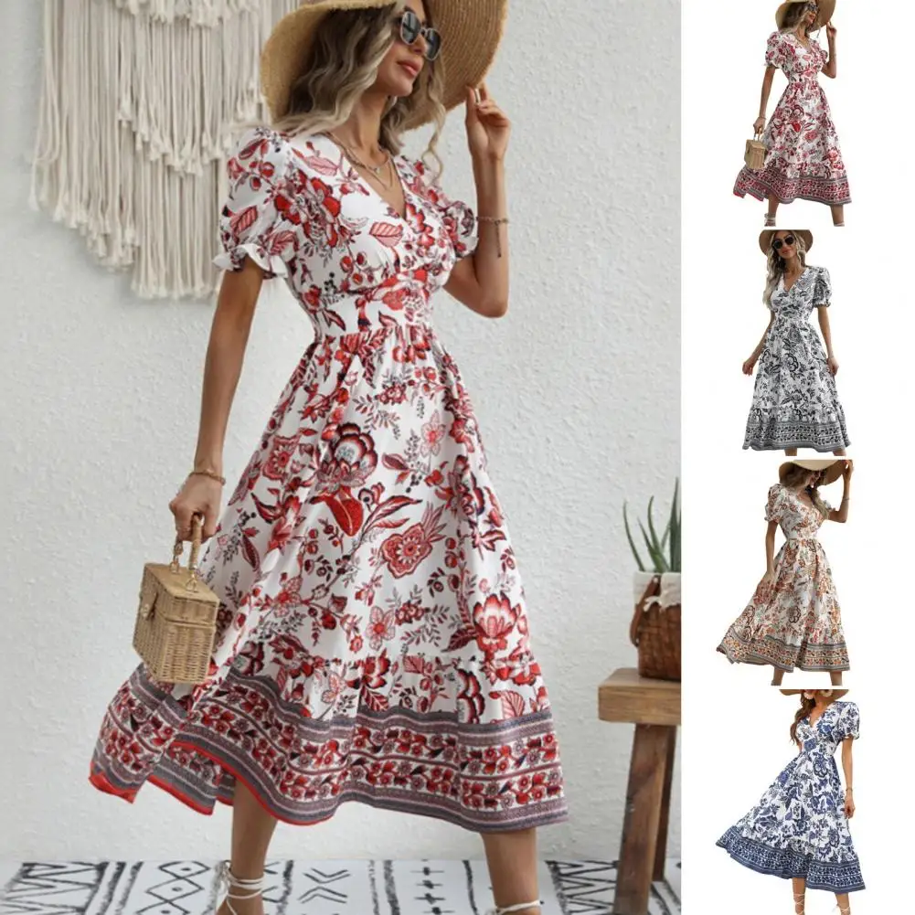 Summer Printed Dress V-neck Puff Sleeve Dress Floral Print V Neck Midi Dress with Puff Sleeves High Waist A-line for Vacation