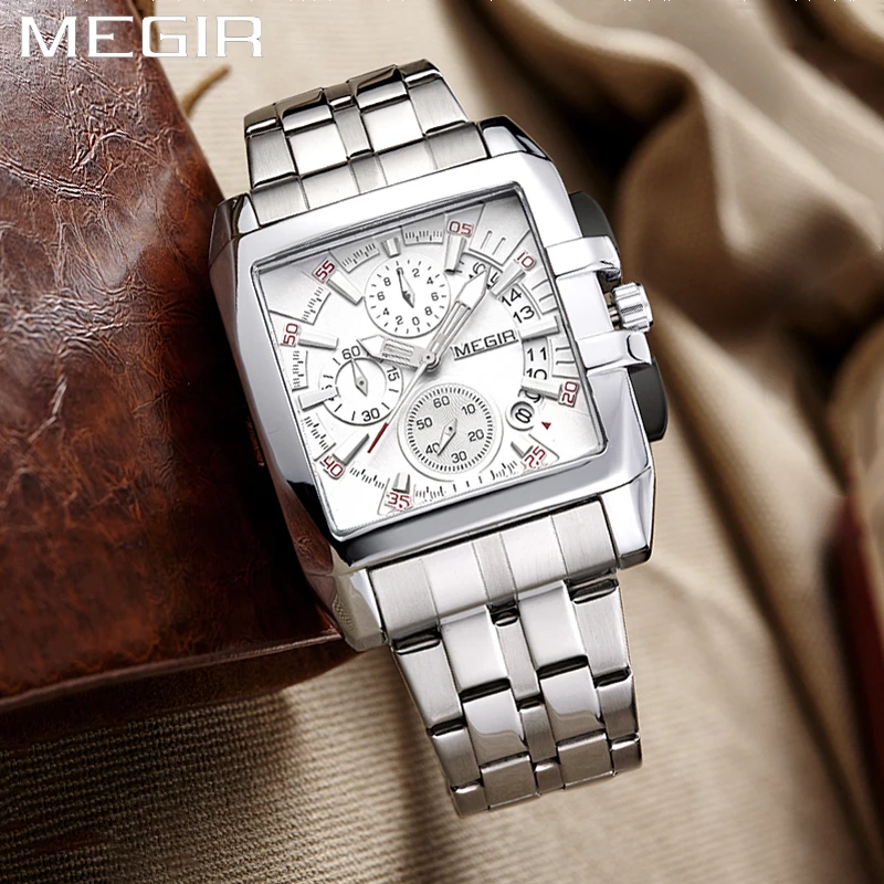 MEGIR Square Dial Men\'s Quartz Watches Stainless Steel Fashion Brand Chronograph Wristwatches Man Business Hot Hour for Male