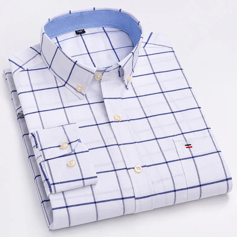 Men's 100% Cotton Shirt Long Sleeve Plaid Oxford Casual Solid Color Print Regular Fit Formal Dress Shirt Oversized 7XL  6XL 5XL, image 16