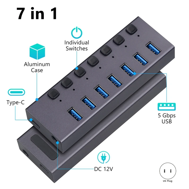 USB3.0 Splitter 7Port Charging Multi-Interface HUB With Switch Durable Easy Install Easy To Use