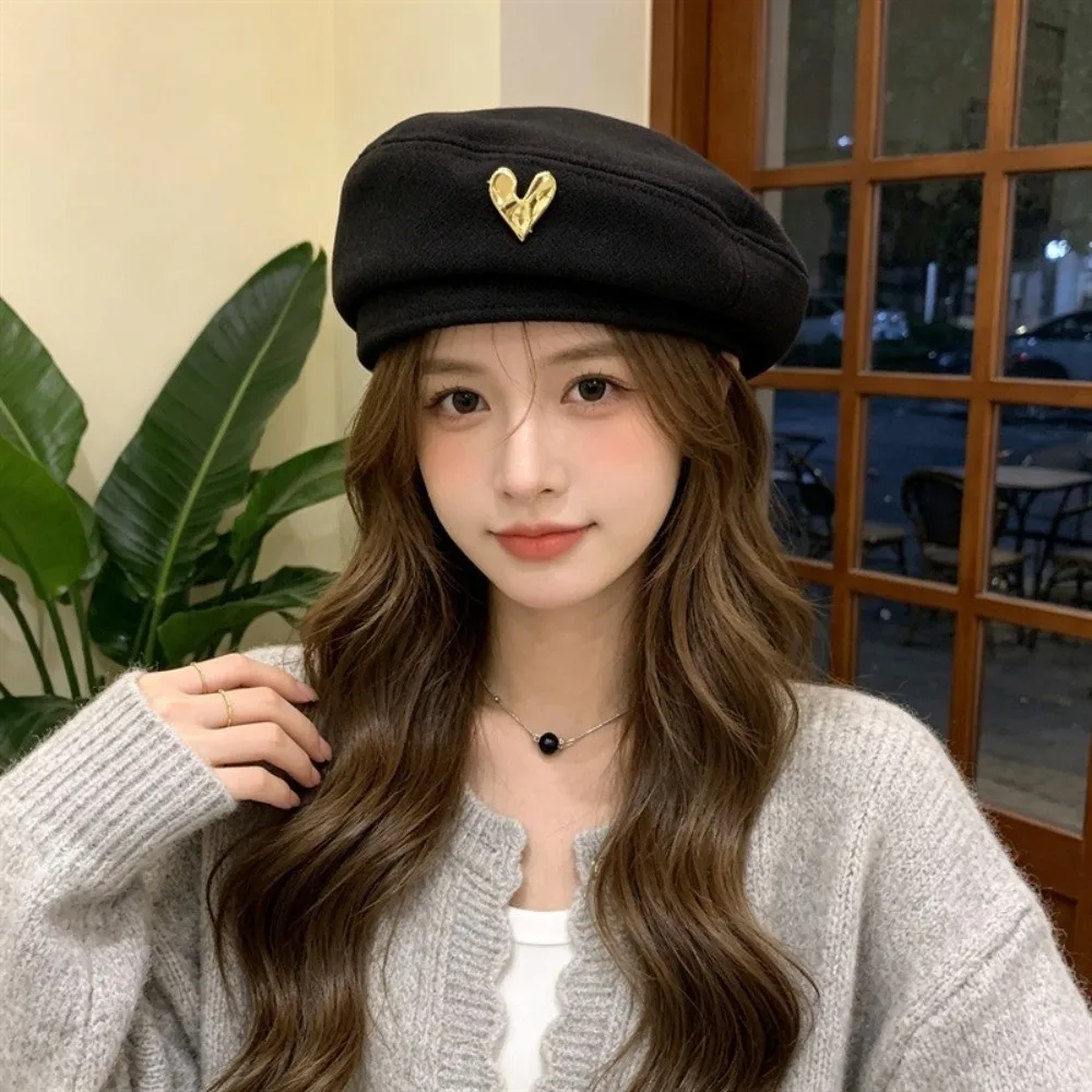 Hip Hop Heart Love Beret Thick Keep Warm Painter Hat Solid Color Lolita Octagonal Cap Ladies