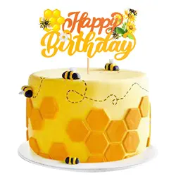 Bee Daisy Sun Flower Cake Topper Happy Birthday Wedding Bride Party Yellow Cupcake Toppers Baby Shower Baking Dessert DIY Decor