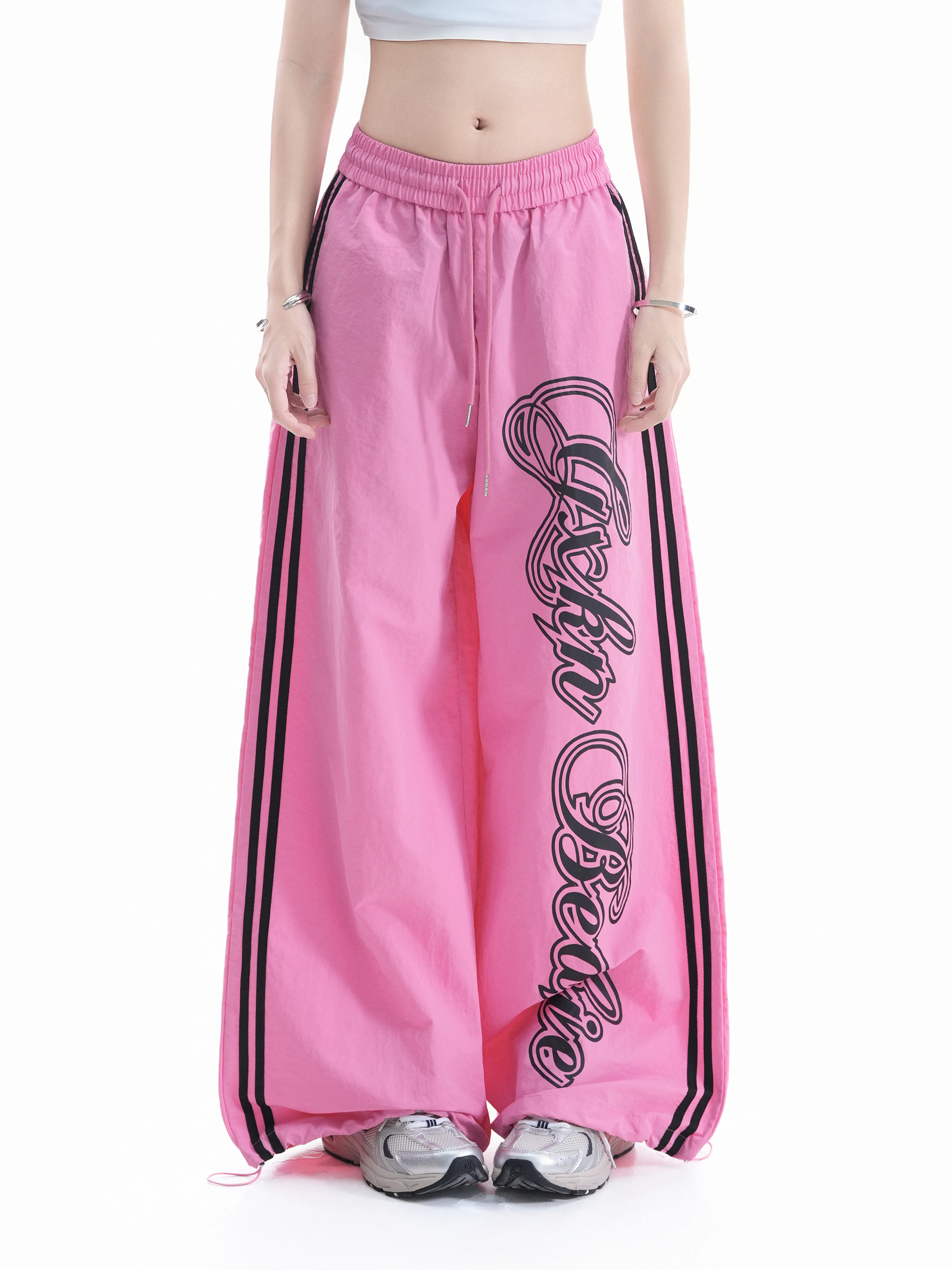 Retro Striped Letter Print Wide Leg Cargo Pants Women's Style Cuffed Trousers Durable Cotton Material Comfortable Fit