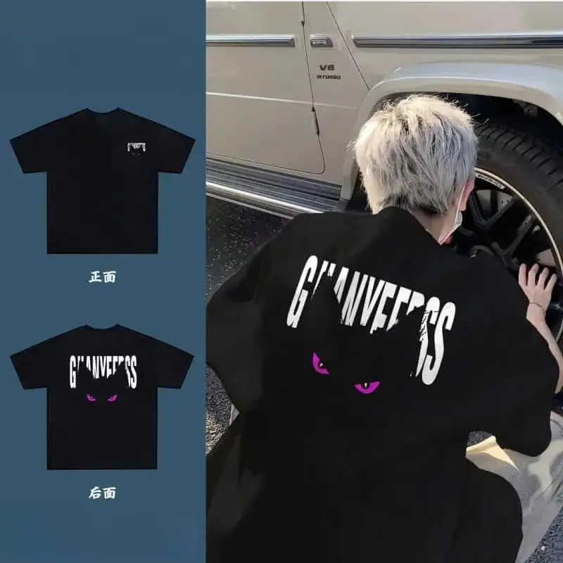

2025 New Men's G'universe Streetwear T-shirt Set Black White Short Sleeve Tops with Purple Cat Eyes Print and Vintage