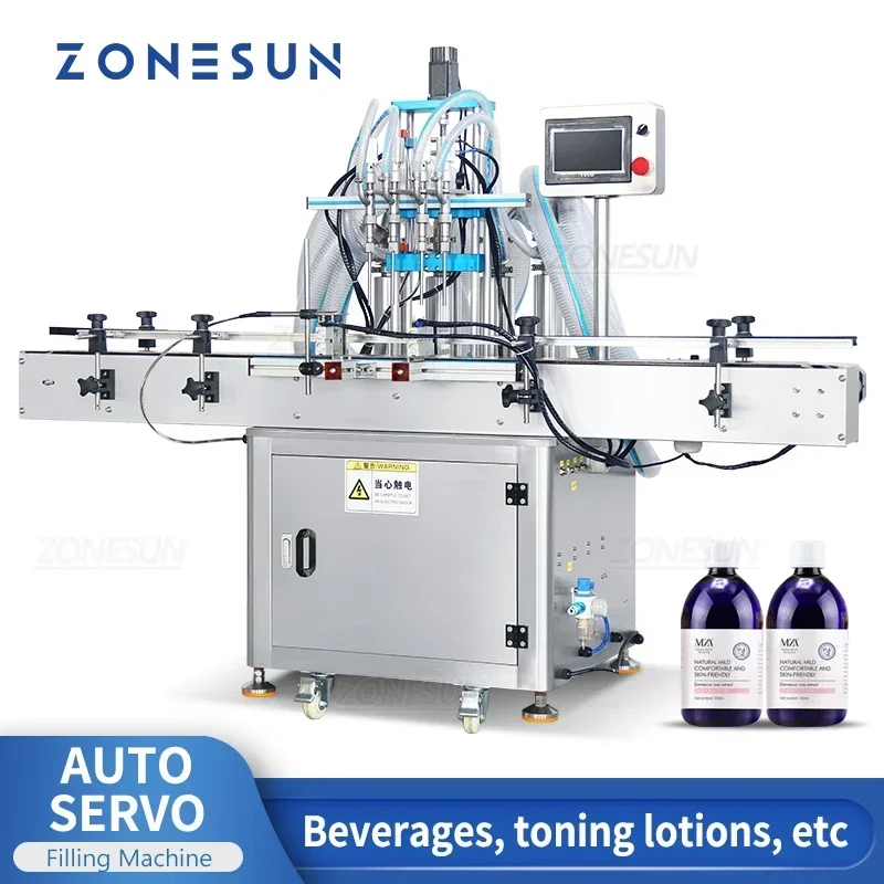 ZONESUN ZS-SV4HS Auto 4 Heads Liquid Filling Machine Servo Piston Pump High Precision Bottle Filler for Juice Cosmetic Lotion