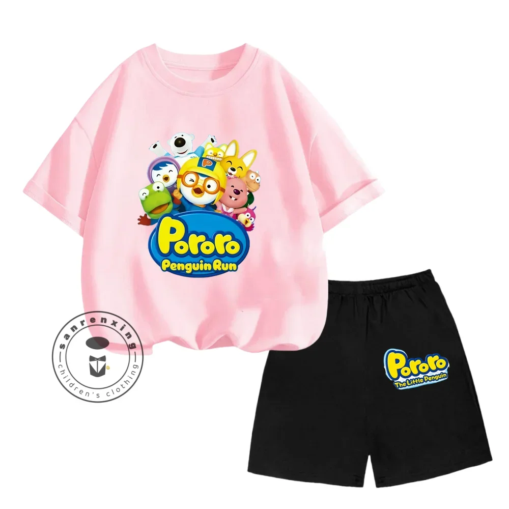 2024 estate calda Pororo coreano simpatico cartone animato stampa Design o-collo KawaiiT t-shirt + pantaloncini traspiranti larghi bambini Casual