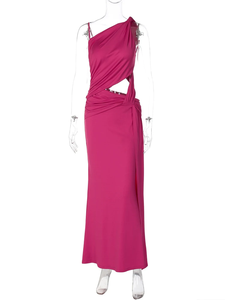 Oniflyme Sexy Hollow Out Mouwloze Maxi Jurk Vrouwen Elegante Geneigd Schouder Backless Ruches Bodycon Gewaad Party Vrouwelijke Vestido