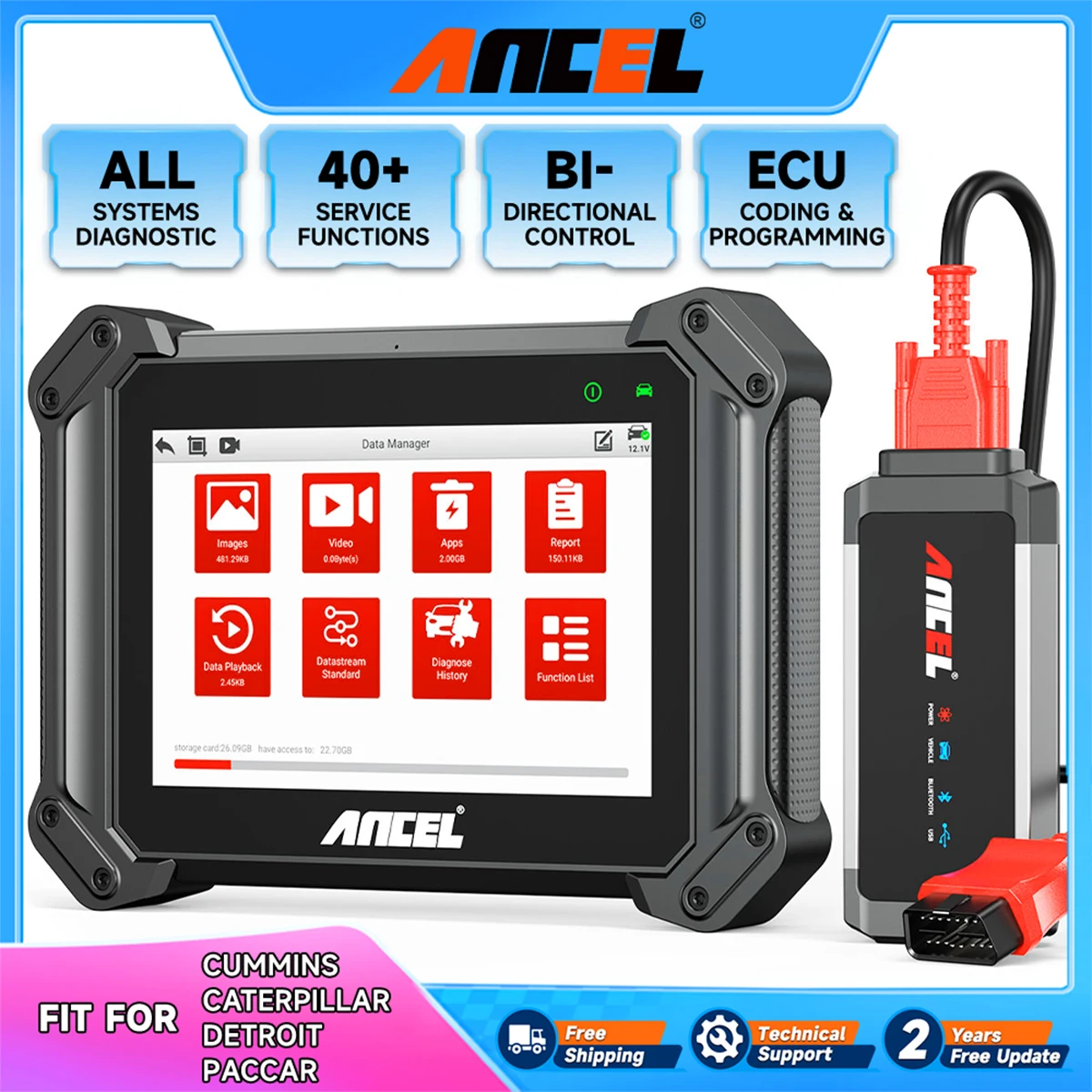 ANCEL V6 HD Bluetooth Heavy Duty Truck Diagnostic Scan Tool DPF Regen ECU Coding BI-Directional OBD Diagnostic Tool