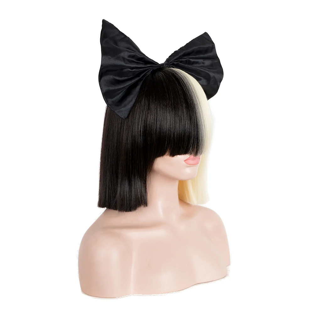 Sia-Perruque Synthétique Demi-Noire et Blonde pour Femme, Cheveux Courts et Lisses, Frange Plate, Cosplay, Ensemble Complet, Nouvelle Collection