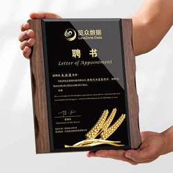 Custom LOGO Wholesale Wooden Certificate of Honor Frame Crystal Glass Trophy Transparent Acrylic Plaque Company Commend