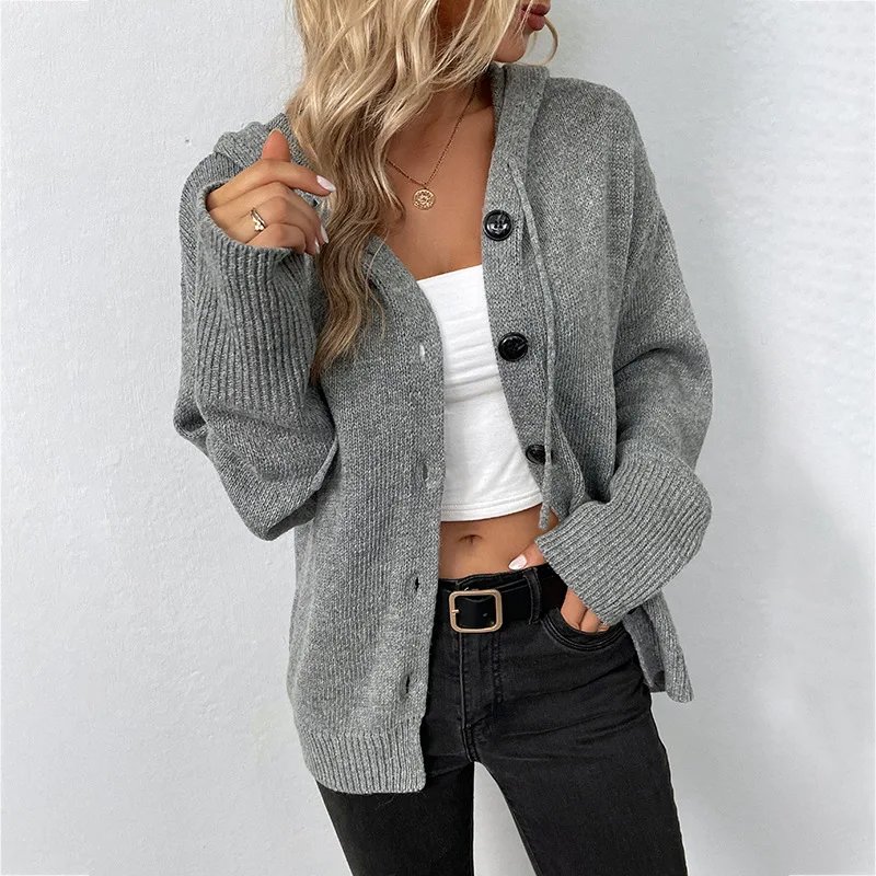 

Solid Color Hooded Sweater Loose Casual Fashionable Jackets Autumn Winter Longsleeved Singlebreasted Drawstring Knitted Cardigan