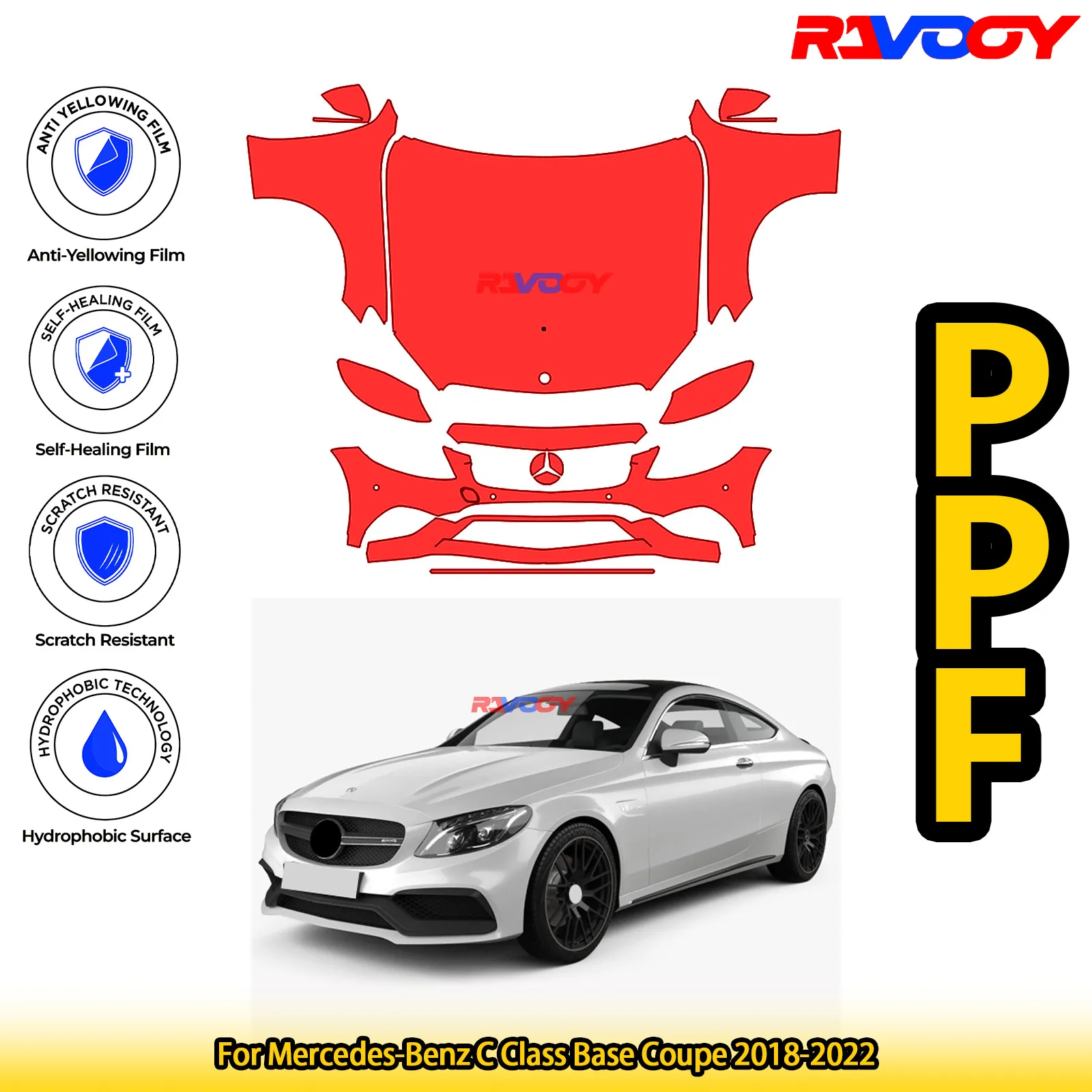 

For Mercedes-Benz C Class Base Coupe 2018-2022 Glossy Matte Black Precut front PPF Kit Paint Protection Film