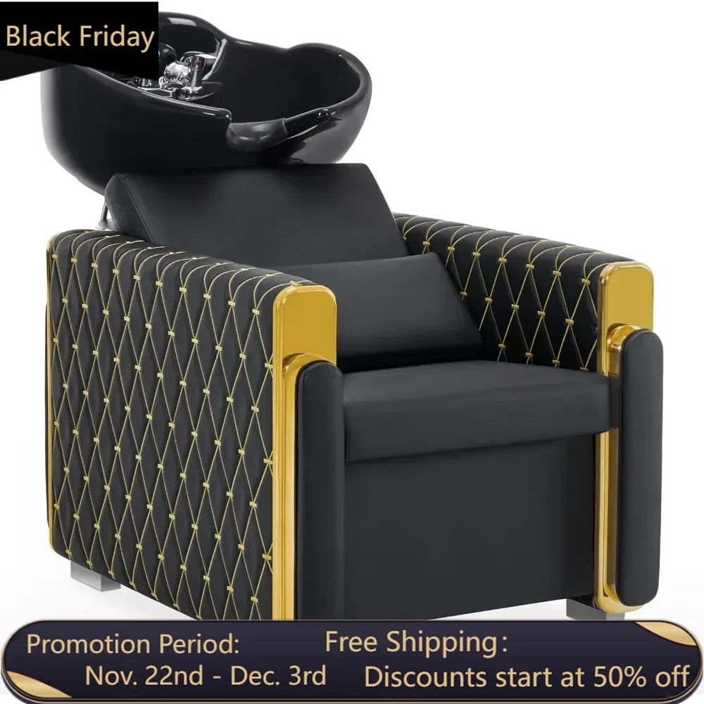 Shampoo Station Barber Chair, Backwash Shampoo Porcelain Ceramic Bowl Sink Unit Chair, Gold & Black Shampoo Chair