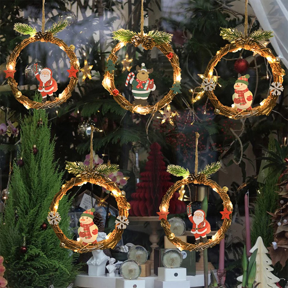 Corona de Navidad de Papá Noel, colgante decorativo para pared, puerta, ventana, ciervo, muñeco de nieve, decoración colgante para árbol de Navidad, Festival de vacaciones