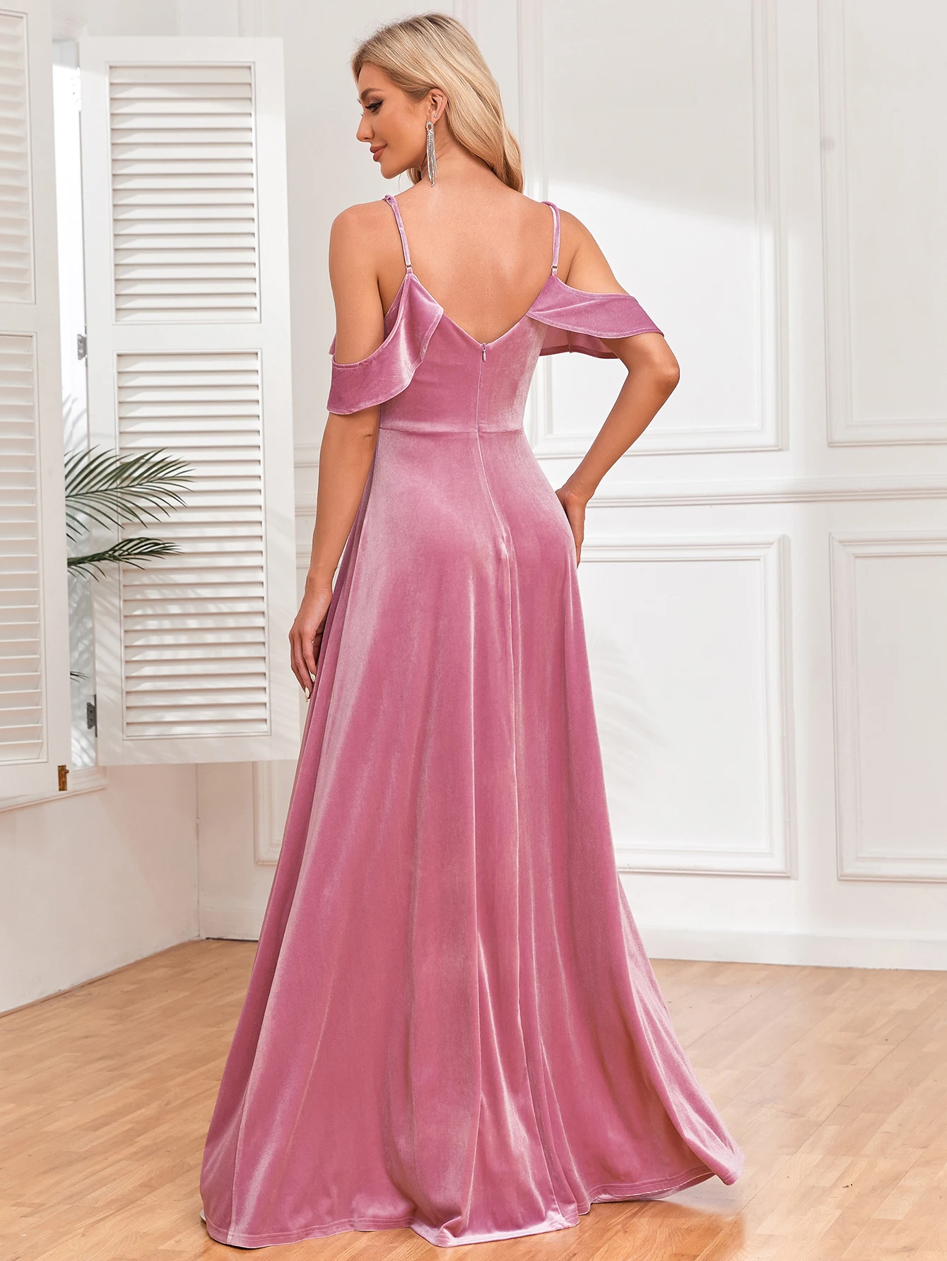 New Sexy Off-the-shoulder Front Lace Ruffle Slit Long Evening Dress with A-line Hem Velvet Bridesmaid Party Dress Robe De Soirée