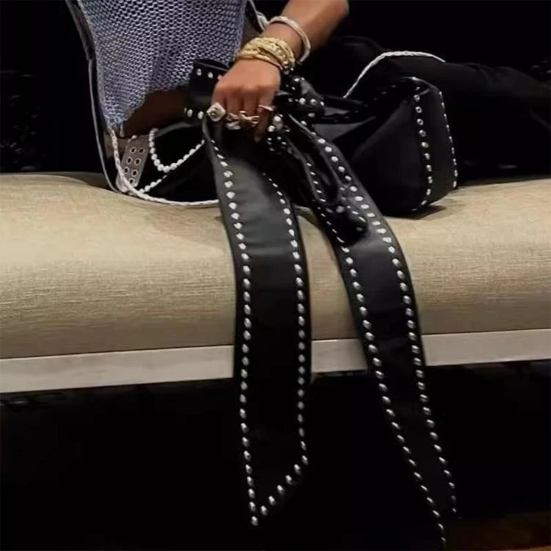 

G5AE Bows Studded Shoulder Bag Party Handbag PU Leather Armpit Bag For Trendy Women