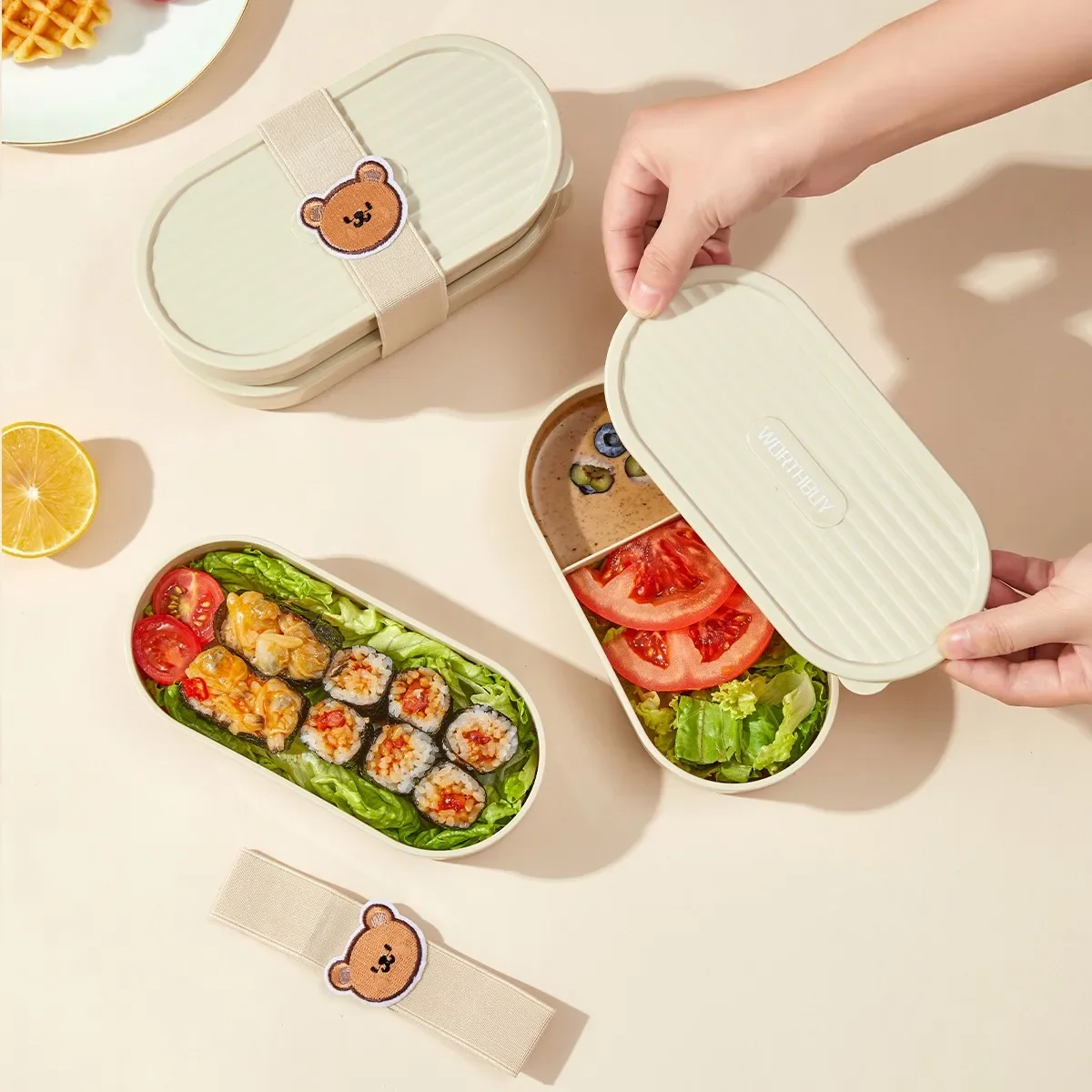 Plastic Lunch Box Double Layer Food Storage Container Picnic Portable Sealed Fruit Bento Box With Cartoon Strap Microwave Safe