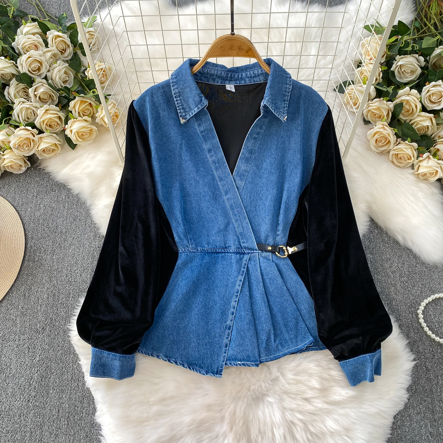 Herfst denim splitsen 2-delige set V-hals patchwork shirt fluwelen wijde pijpen broek sets Amerikaanse mode dames bijpassende kleding