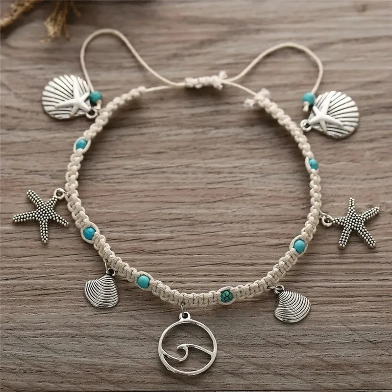 Fashion Beach Vintage Turquoise Hand Knitting Starfish Waves Shell Anklet for women men Creative Retro Holiday Jewelry