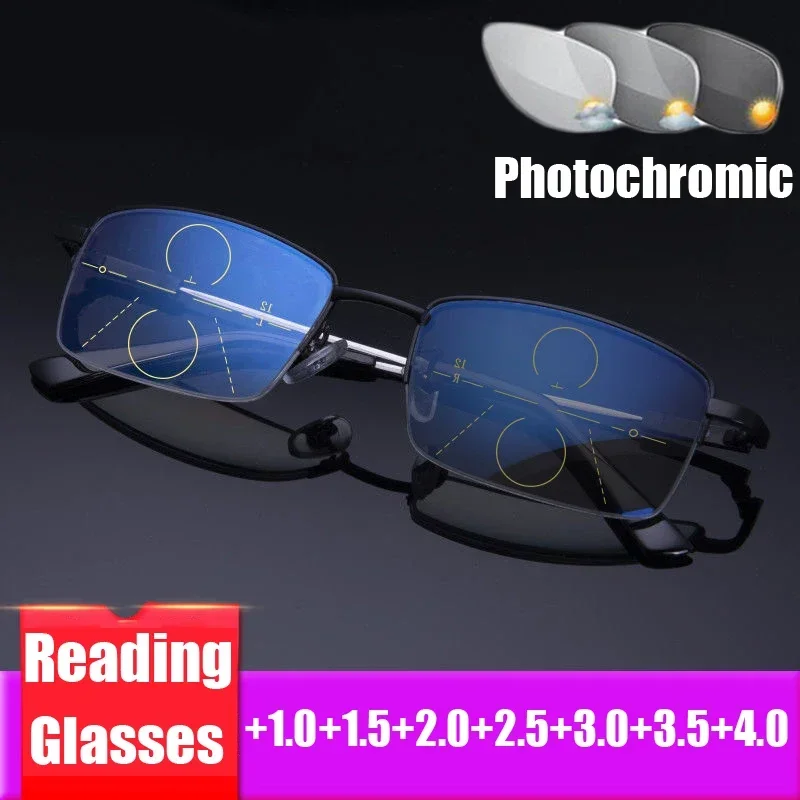 

Finished Photochromic Multifocal Presbyopia Glasses Fashion Trend Titanium Alloy Outdoor Anti-UV Near Far Sight Sun Eyeglasses