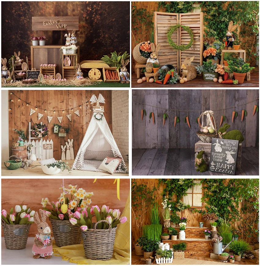 Wooden House Indoor Easter Theme Backdrops Tent Carrot Child Portrait Decor Holiday Spring Floral Backgrounds Baby Shower Props