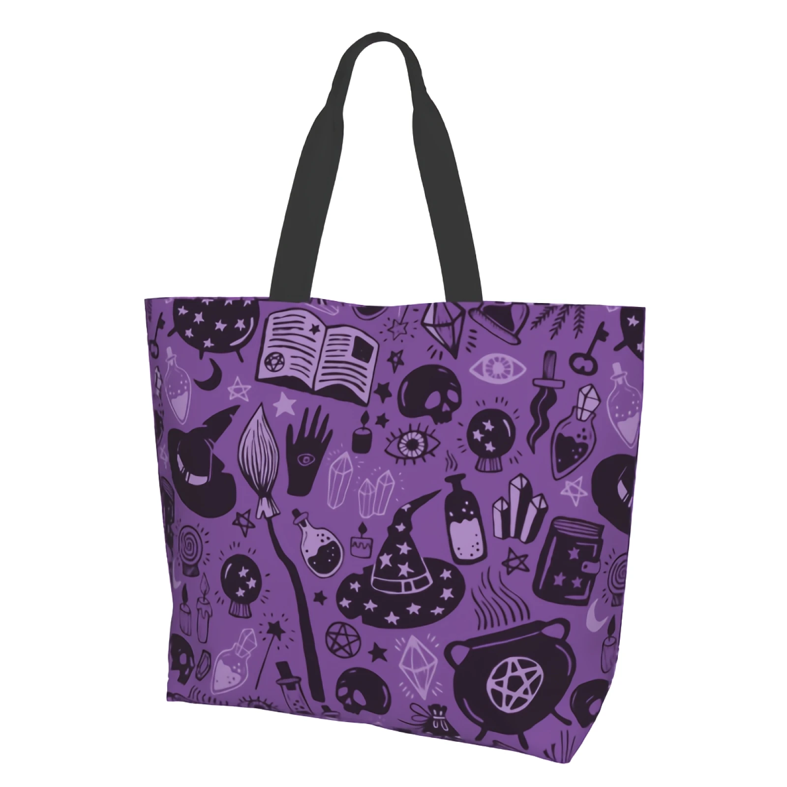 Halloween Shopping Bag Reusable Witches Tote Bag Purple Shoulder Bag Casual Lightweight Large Capacity