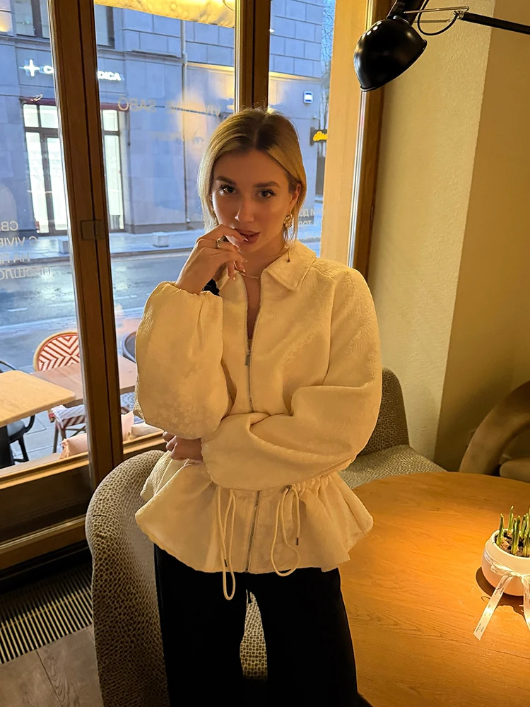 Casual Loose Lady Coat Lapel Zip Drawstring Waist Slim Ruffle Lantern Sleeves Texture Jacket 2026 Spring Fall Commute Outerwear
