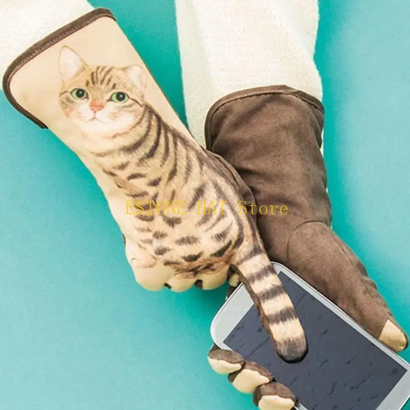 49mfの女性冬のかわいい子猫の尾の指のタッチスクリーングローブ漫画3Dデジタルプリントフェイクフリース裏地のサーマルウォームミトン