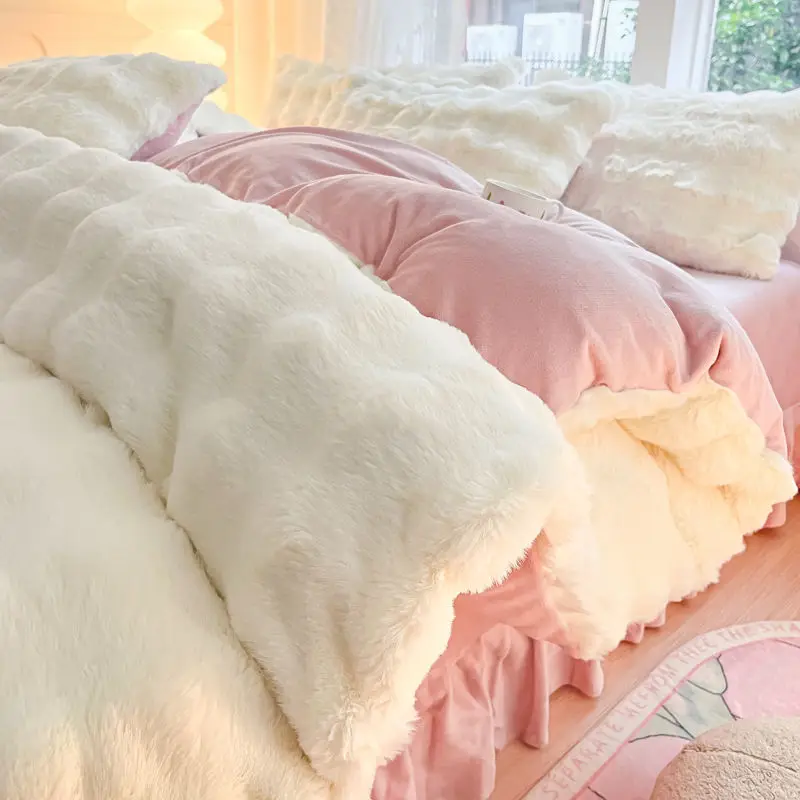

Class A Thickened Rabbit Plush Quilt Cover Pillowcase Sheet Four-piece Set Double-sided Milk Plush Coral Plush Flannel Bed Set