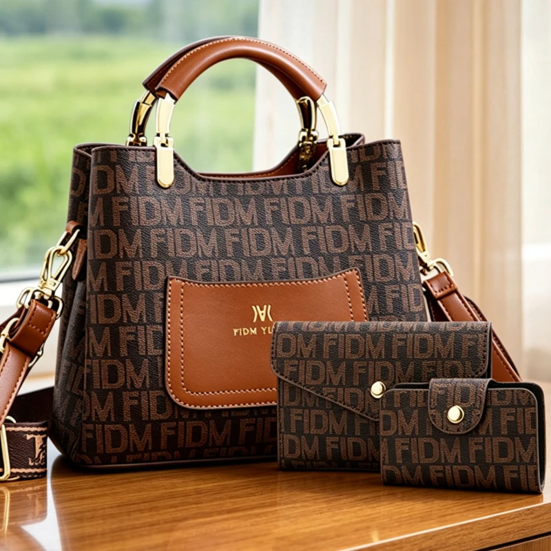 Hot-selling women's handbags with letter prints, 3-piece ladies' bag set, stylish versatile large-capacity bucket bags and women