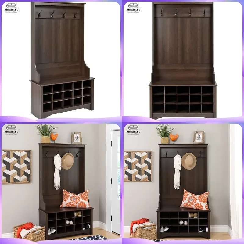 Modern Coat Rack Stand Hall Tree with Shoe Cabinet Storage Organizer Entryway Furniture Free Standing Hat Hook Rack for