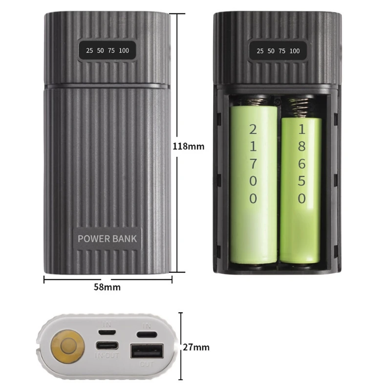 3-Port Input DIY for Shell with LED Flashlight 5V 2x 21700 for Case Battery Storage Box Without