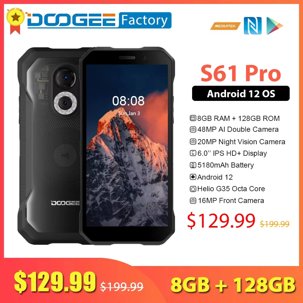 Глобальная версия защищенного смартфона DOOGEE S61 Pro на Android 12 с 6-дюймовым дисплеем, аккумулятором 5180 мАч, 8 ГБ оперативной памяти и 128 ГБ встроенной памяти, а также 48-мегапиксельной камерой ночного видения.