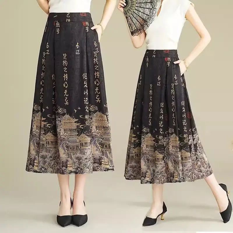 Oryginalna spódnica damska w stylu chińskim 2024 Summer New Retro High Waist Printed Pleated Horse Face Skirt Mujer Faldas K1329