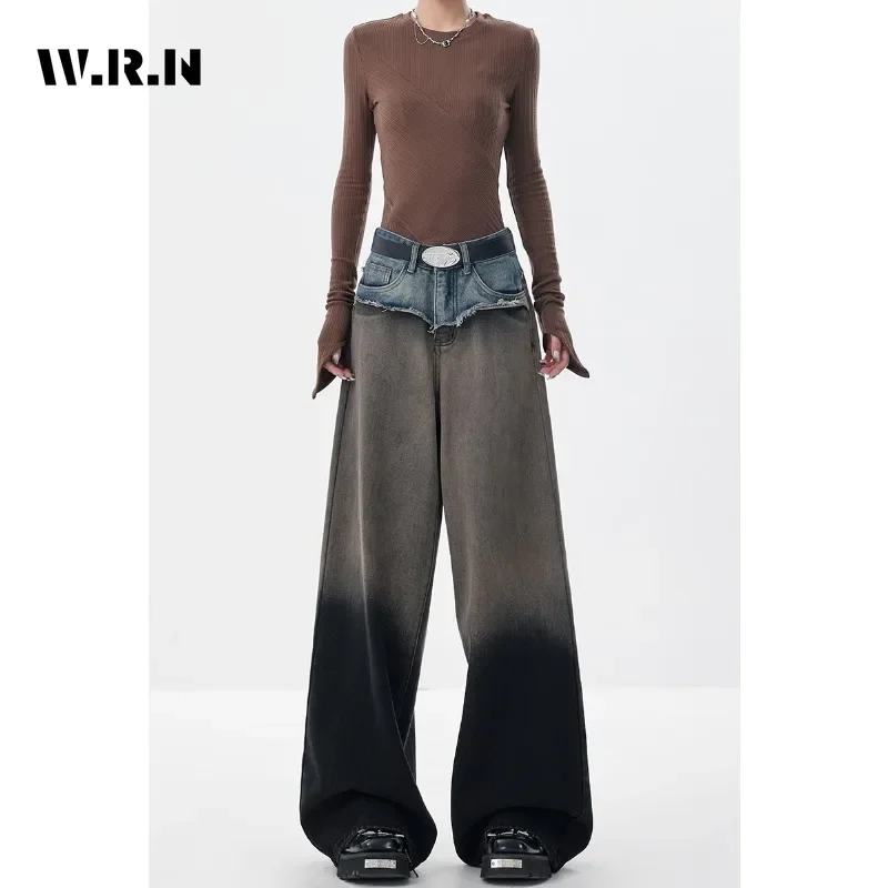 American Vintage High Waist Straight Jeans Women\'s Casual Grunge Pants Baggy Y2K Wide Leg High Street Patchwork Denim Trouser