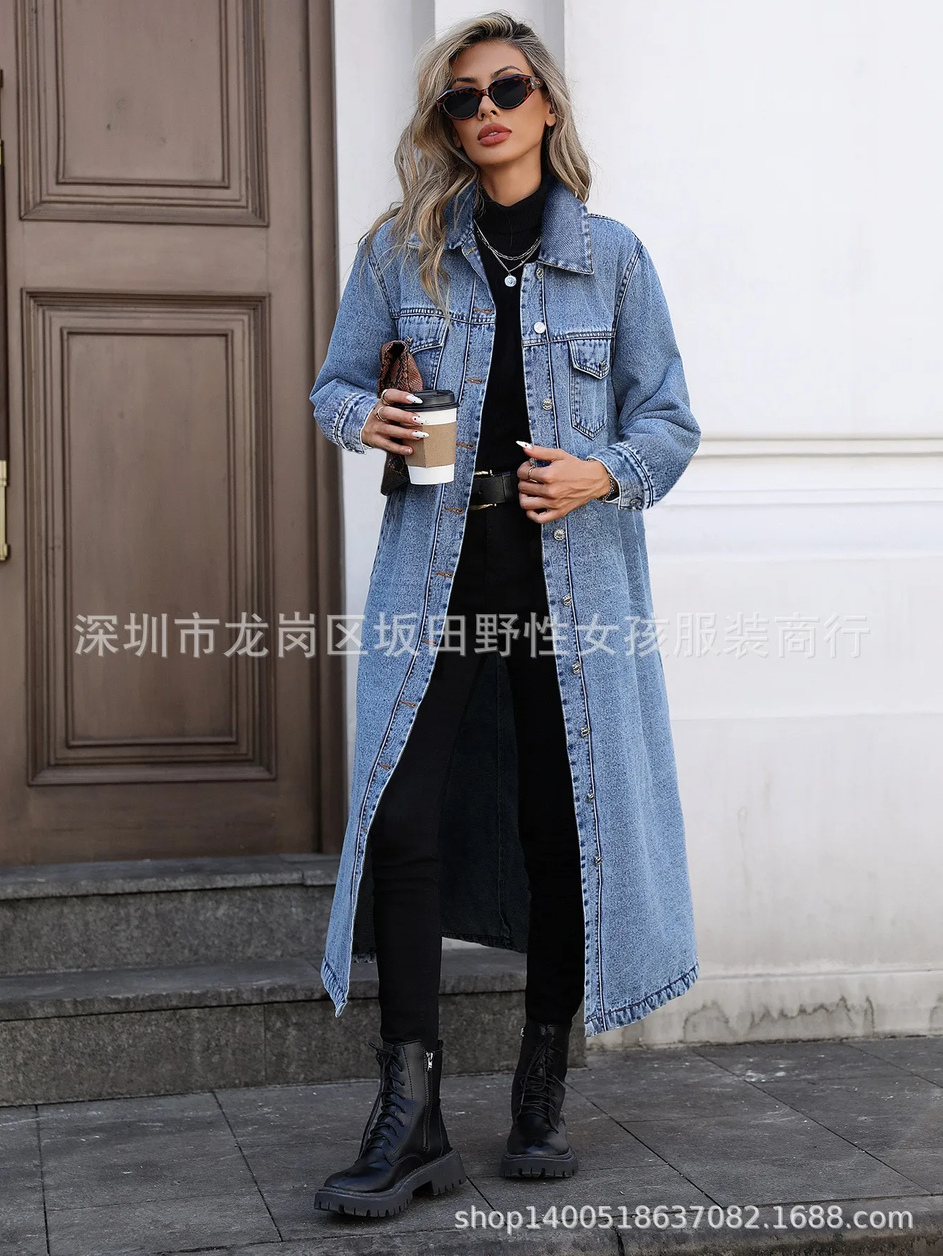 Women's Loose Fit Denim Jacket with Notched Collar Long Sleeve for Women Casual Outerwear Medium Length Oversized Button Front